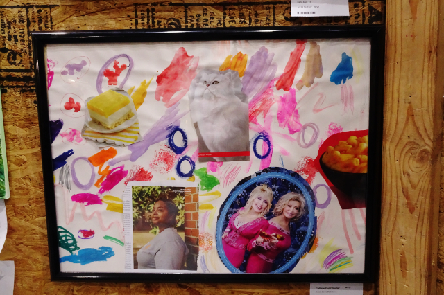 A collage of watercolor splotches and clippings from magazines, including a fancy white cat, a woman smiling while standing in front of a brick wall, and counry star Dolly Parton dressed with another woman in pink sparkly dresses, holding cocktails.